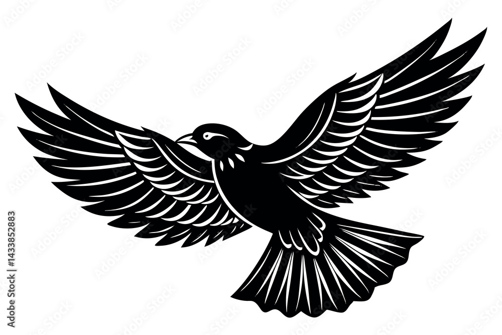 Fototapeta premium Stylized black bird with outstretched wings in flight captured against a white background, showcasing intricate feather details