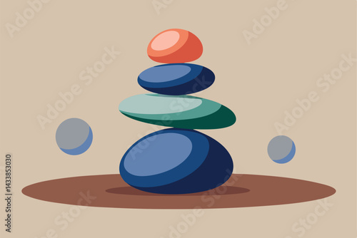 Stacked stones balancing on a flat surface with smaller stones floating around in a minimalist abstract design