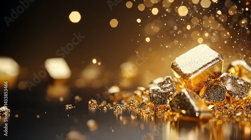 Pile of Shiny Golden Cubes with Glittering Particles in Warm Light Luxury Design