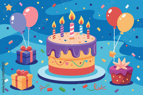 Colorful birthday cake celebration with balloons, gifts, and festive decorations for a joyful occasion