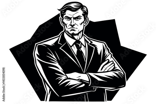 Confident businessman in suit with arms crossed standing against a black backdrop