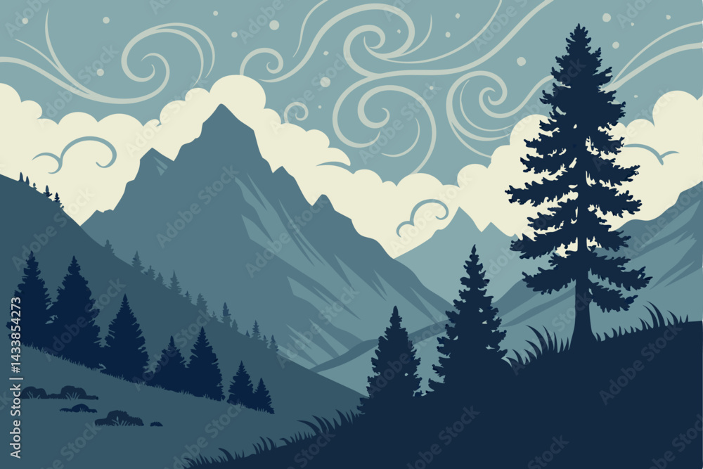 Fototapeta premium Mountain landscape with swirling clouds and pine trees during twilight hours
