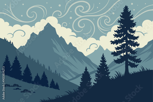 Mountain landscape with swirling clouds and pine trees during twilight hours