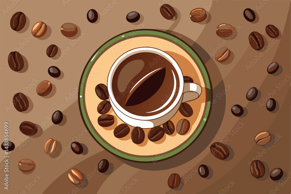 Obraz premium Enjoying a fresh cup of coffee surrounded by coffee beans on a wooden table in a cozy setting