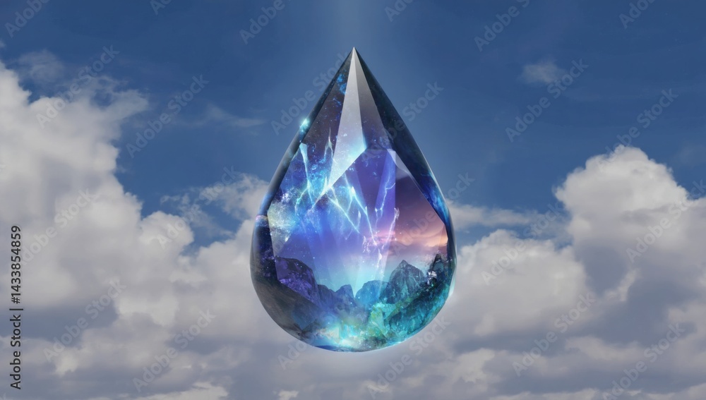Obraz premium Mythical dragon tear transforming into crystal gem amidst cloudy sky, fantasy art concept for magical design