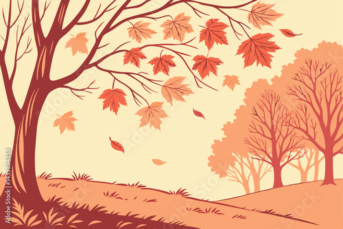 Autumn leaves gently fall from trees in a tranquil landscape during late afternoon light