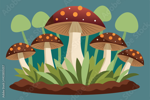Colorful mushrooms growing in a lush forest with vibrant green background and soil details