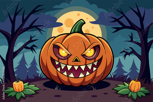 Halloween pumpkin with a menacing grin in a spooky forest at night