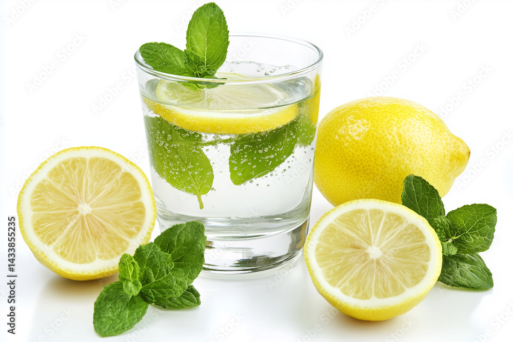 Fresh lemon and mint drink in a glass with sliced lemons Fresh lemon and mint drink in a glass with sliced lemons