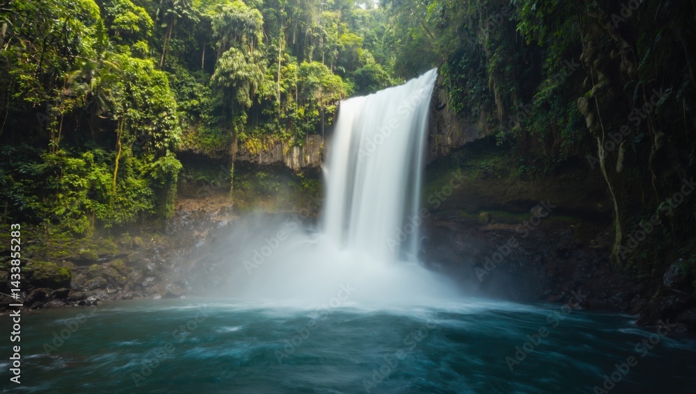 Obraz premium Majestic waterfall cascading into jungle lagoon with rising mist in tropical forest