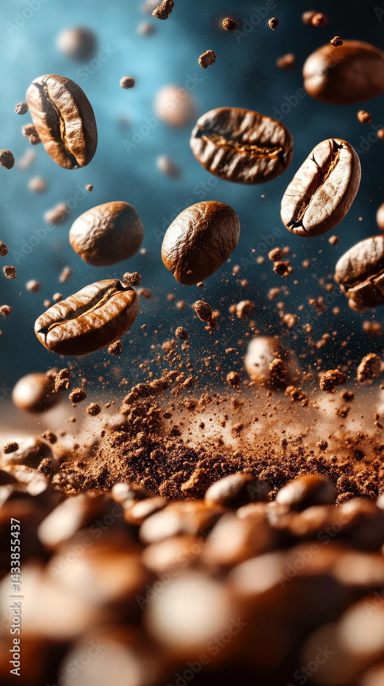 A close up of coffee beans in the air A close up of coffee beans in the air