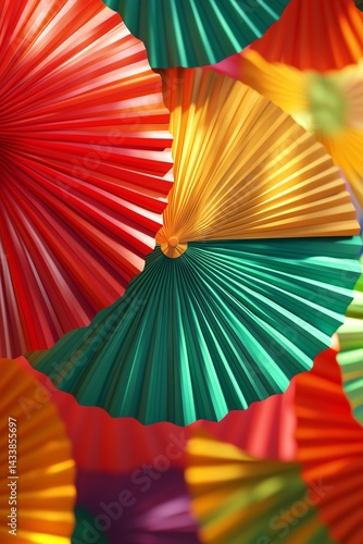 Colorful paper fans arranged in vibrant patterns.