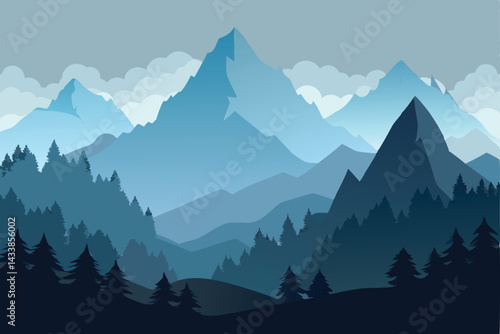 Majestic mountains rise above a dense forest under a cloudy sky in serene twilight hours