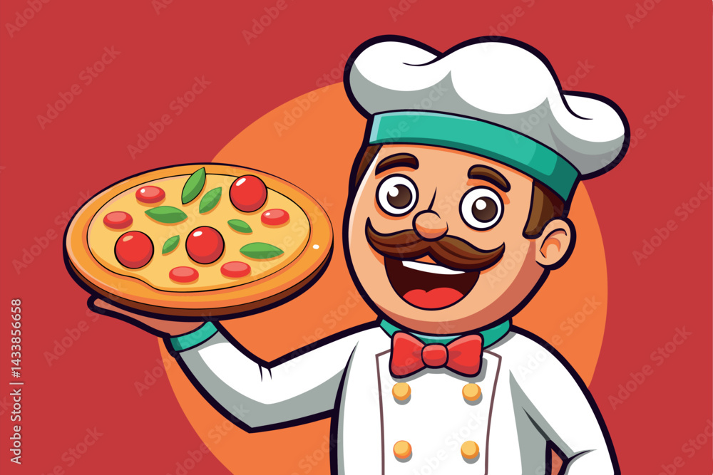 Chef with pizza showcasing culinary skills in a cheerful kitchen setting Chef with pizza showcasing culinary skills in a cheerful kitchen setting
