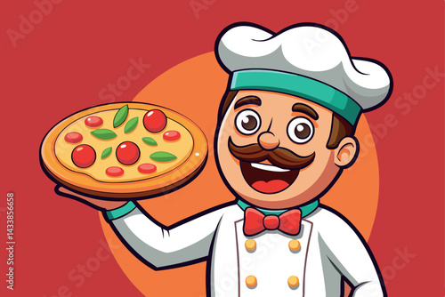 Chef with pizza showcasing culinary skills in a cheerful kitchen setting