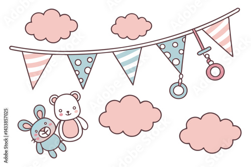 Colorful nursery decoration featuring cute toys, clouds, and bunting in soft pastel colors