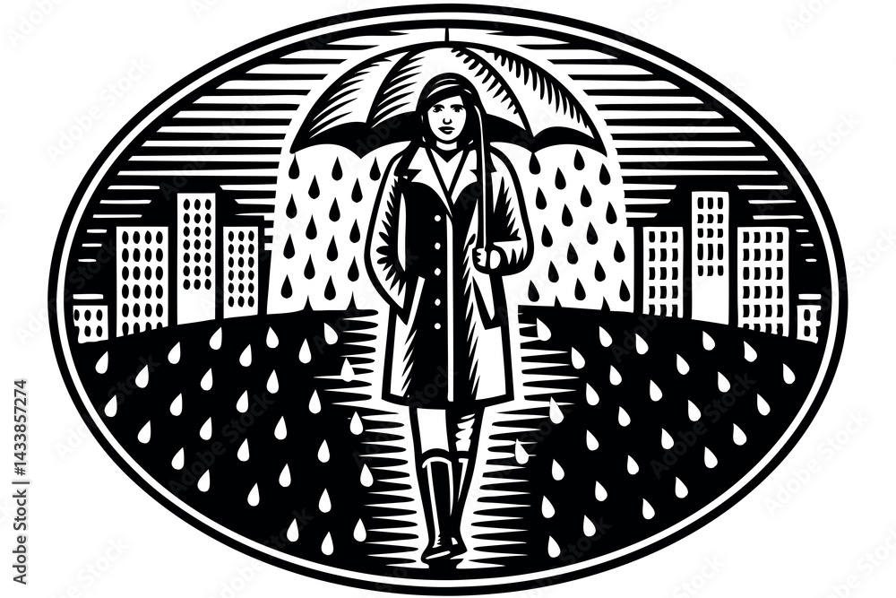 Fototapeta premium Illustration of a person walking with an umbrella in the rain surrounded by city buildings during a rainy day