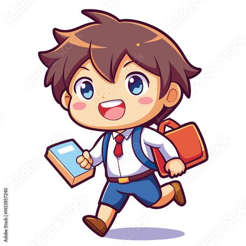Happy schoolboy running to school with books