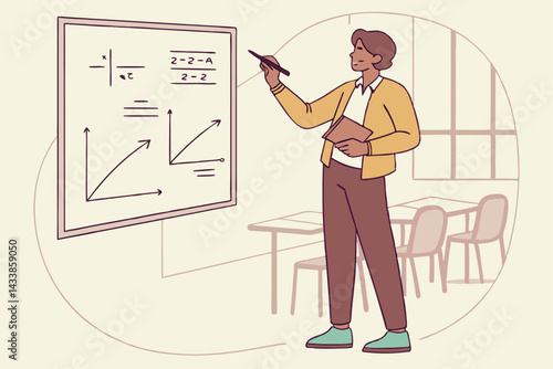 Math instructor demonstrates equations and graphs in a classroom setting during a teaching session
