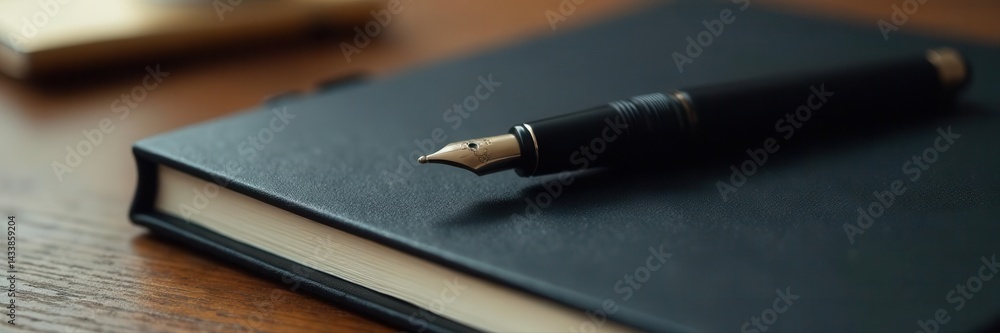Elegant black pen rests on a black notebook, sophisticated aesthetic , office supplies, detail Elegant black pen rests on a black notebook, sophisticated aesthetic , office supplies, detail