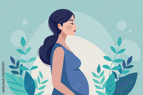 Pregnant woman standing gracefully among green leaves in a serene, circular background