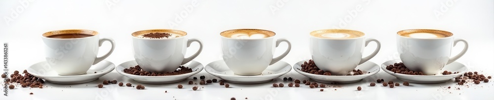 Fototapeta premium Espresso cups, chocolate curls, white background, cafe, clean, espresso