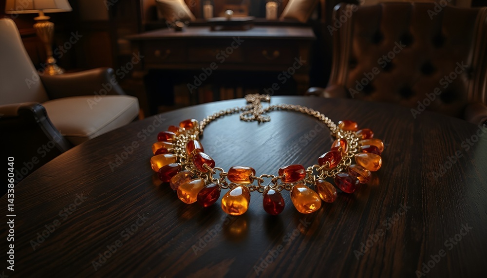 Exquisite amber and gemstone necklace elegantly placed on a wooden table
