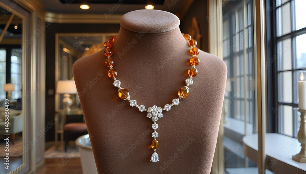 Diamond and amber jewelry necklace elegantly displayed in a luxury setting