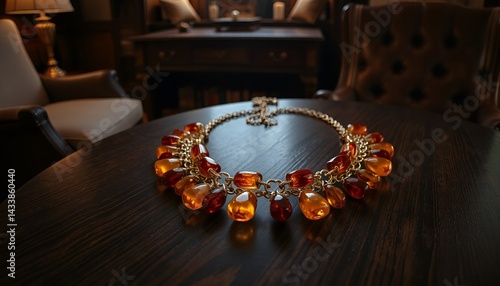 Obraz na płótnie Exquisite amber and gemstone necklace elegantly placed on a wooden table w salonie