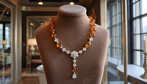 Obraz na płótnie Diamond and amber jewelry necklace elegantly displayed in a luxury setting
w salonie
