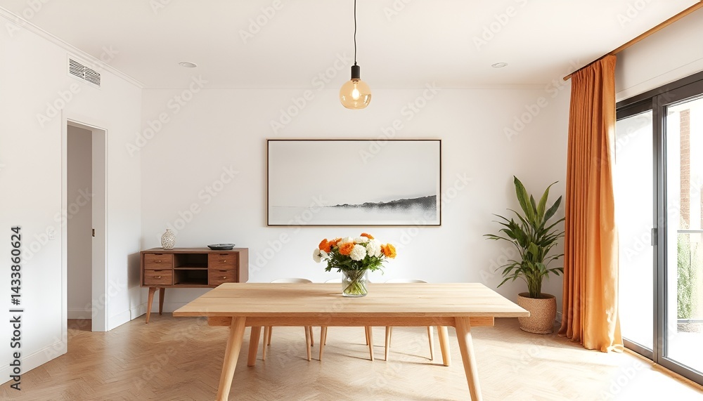 Minimalist dining room with a floral centerpiece and natural light