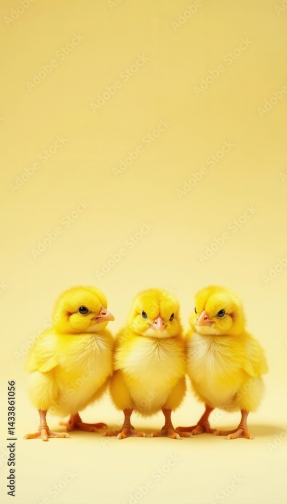 Fototapeta premium Five tiny yellow chicks standing close together, showcasing soft down and playful posture , fluffy, line