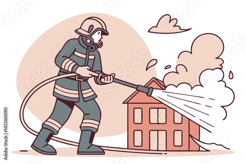Firefighter extinguishing flames at a residential building during a firefighting operation