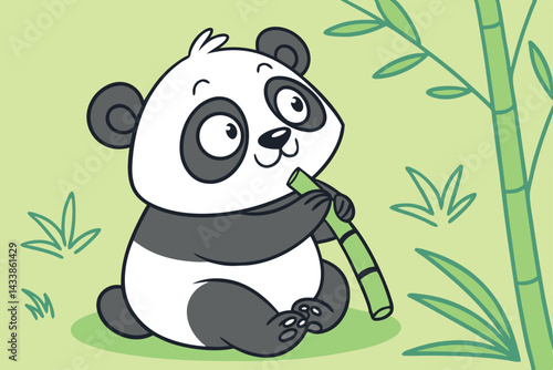 Cute cartoon panda munching on bamboo in a serene green environment with playful expressions