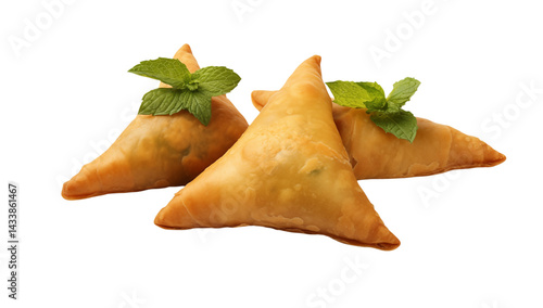 Close up of three samosas garnished with fresh mint leaves on a transparent background surface png