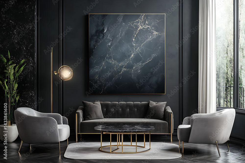 Fototapeta premium Luxe Contemporary Interior with Dark Mocha Wall and Modular Seating