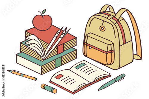 Wallpaper Mural School supplies arranged with books, backpack, and stationery on a table in preparation for the new academic year Torontodigital.ca