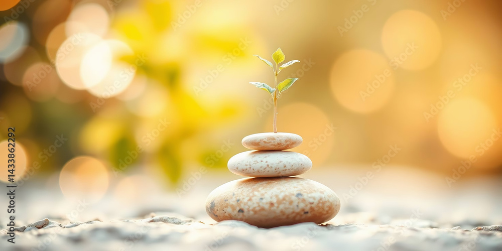 Obraz premium a small stack of smooth stones, with a single green plant sprouting from the top stone