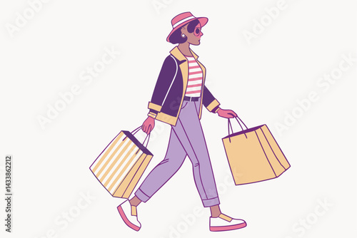 Stylish woman enjoying a shopping spree while walking in a vibrant urban environment on a sunny day