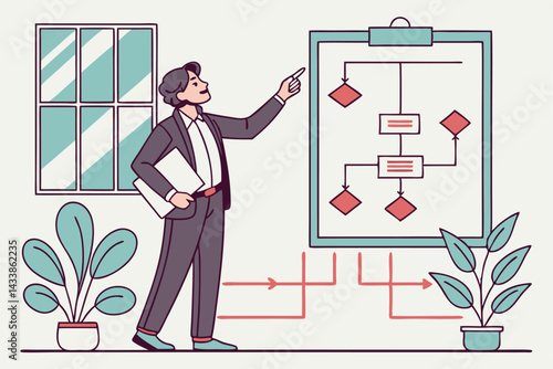 Business professional presenting a flowchart in a modern office setting during daytime