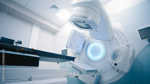 Foto Empty radiotherapy treatment room with linear accelerator ready for use