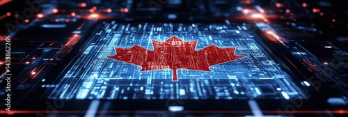 Technological National Identity: Canada Flag on Biometric Security Scan Displayed on Touchscreen Device, Digital Transformation Concept