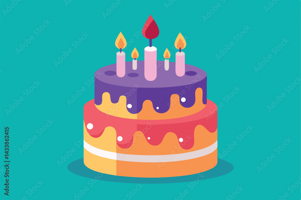 Colorful birthday cake with candles displayed on bright background for celebration or party Colorful birthday cake with candles displayed on bright background for celebration or party
