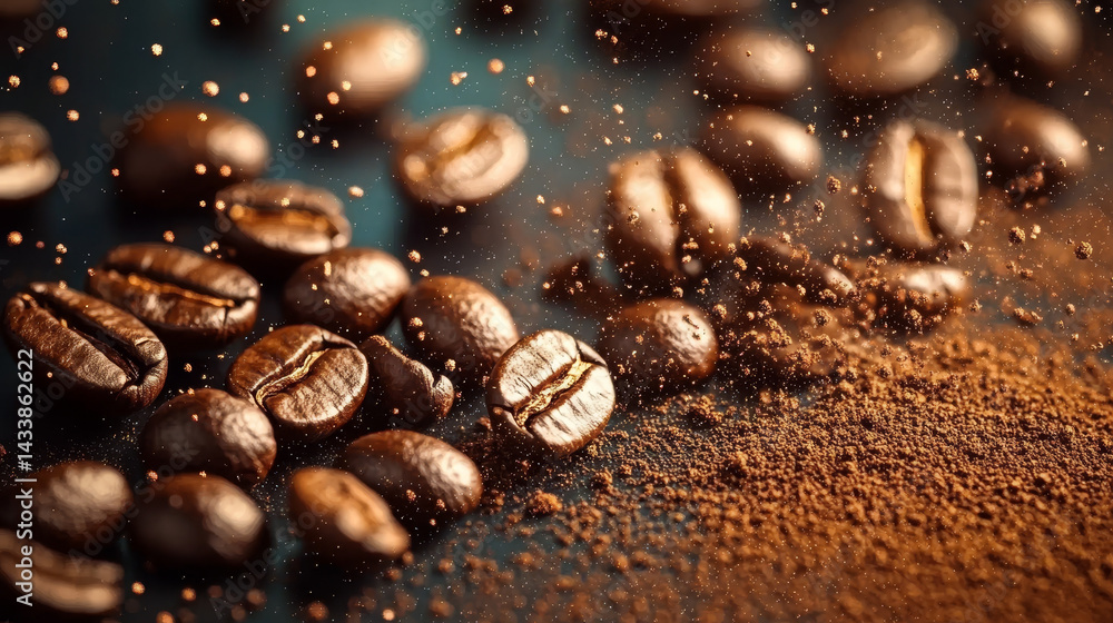 A close up of coffee beans with some powder on top A close up of coffee beans with some powder on top