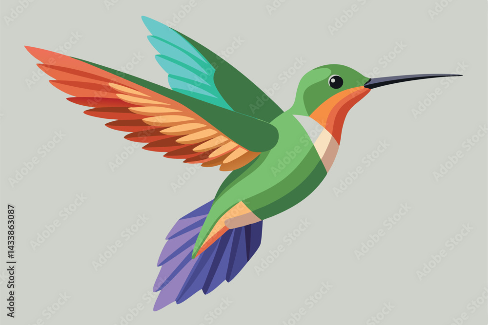Fototapeta premium Colorful hummingbird in flight showcasing vibrant feathers and graceful motion in a serene setting