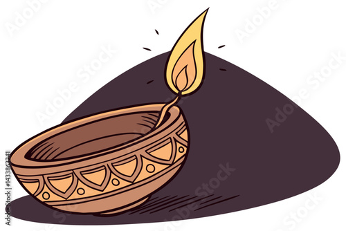 Decorative oil lamp with a flickering flame on a dark background showcasing traditional craftsmanship