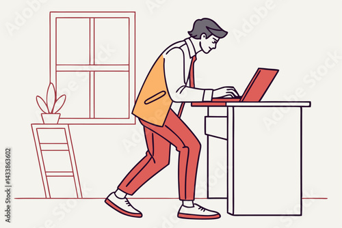 Professional man working at a standing desk in a bright home office setting during daylight hours