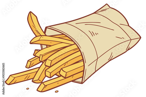 Crispy golden fries spilling from a paper bag on a white background in an illustration
