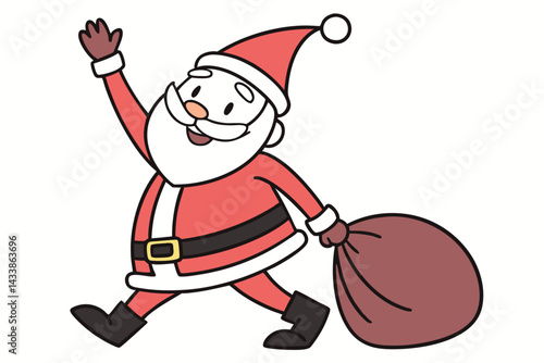 Santa Claus joyfully walks with a bag full of gifts during the festive holiday season in a cheerful illustration