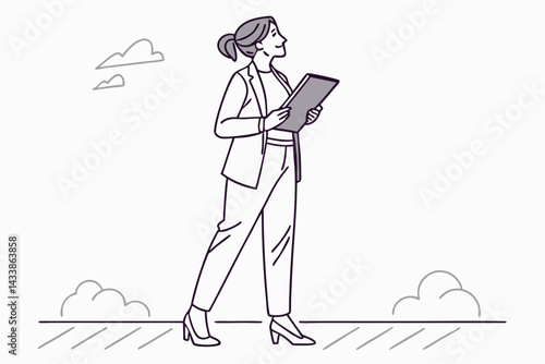 Professional woman walking outdoors and checking notes on a tablet during a bright day